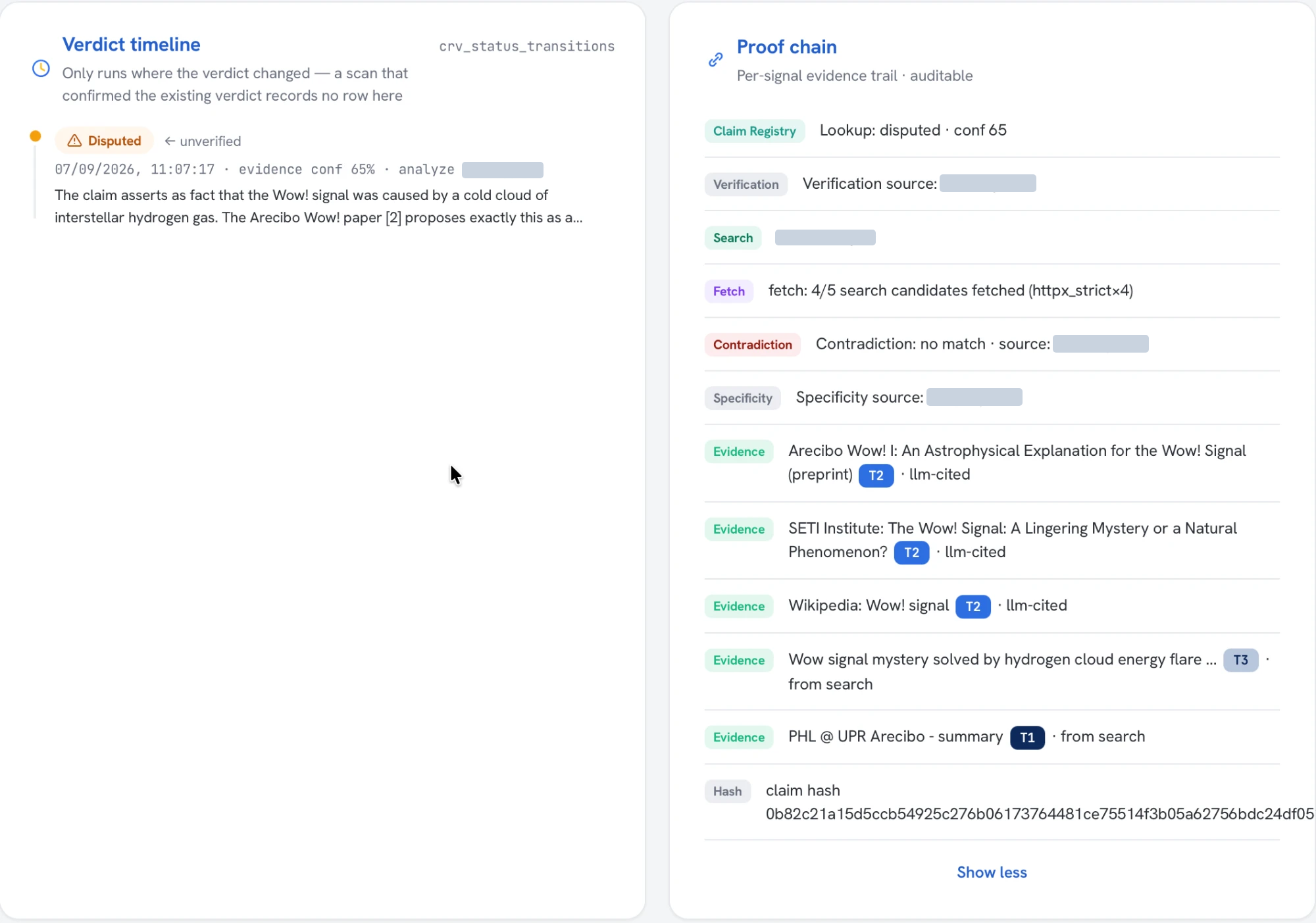 The verdict timeline and proof chain side by side. The timeline shows one entry — Disputed, from unverified, timestamped, evidence confidence 65%. The proof chain lists each signal in turn: claim-registry lookup, verification, search, fetch (4 of 5 candidates fetched), contradiction (no match), specificity, the five evidence entries with their tiers, and the claim hash.